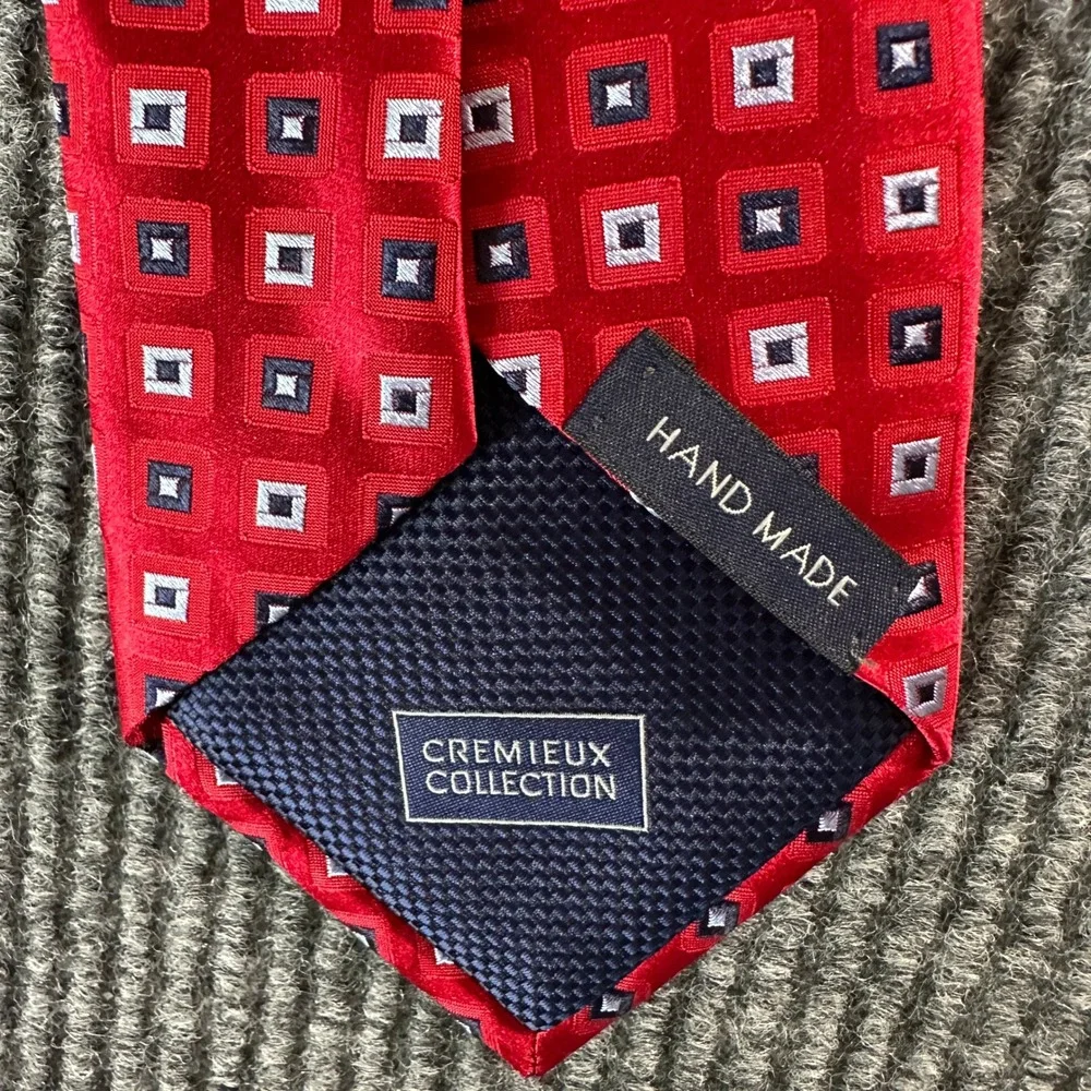 Cremieux Collection Mens Silk Tie Red Navy Blue Geometric Square Pattern